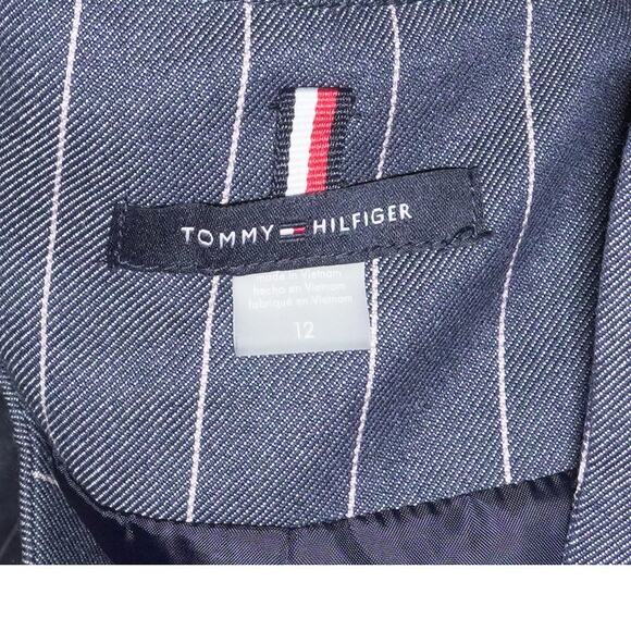 TOMMY HILFIGER Preppy Jacket Twill Pinstriped Open Front Navy Blazer Sz 12 - Picture 5 of 12